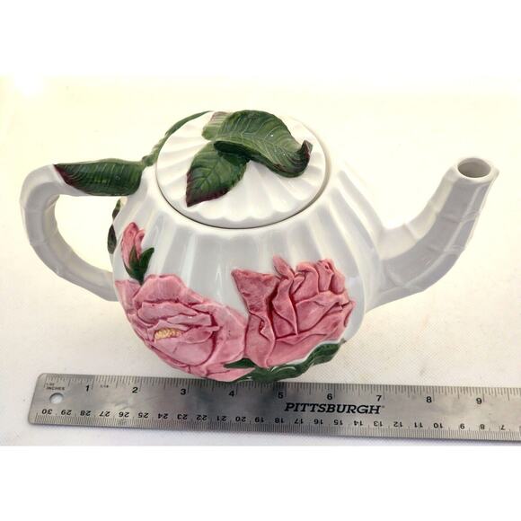 Teapot-Pacific Rim-White-Pink Roses-Green Leaves-Embossed-Holds 4 Cups - Picture 14 of 14